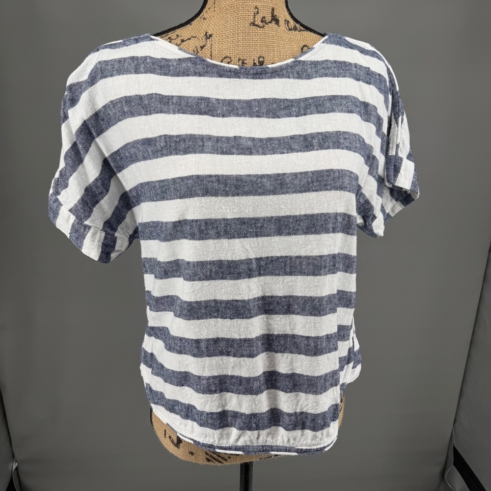Zara Striped Blouse Women XS Blue White Linen Blend Short Sleeve Cuffed‎ Relaxed